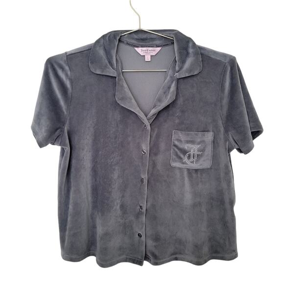 Juicy Couture Velour Top Size Large L Bowling Shirt Gray Bling Logo Y2K - Picture 2 of 7